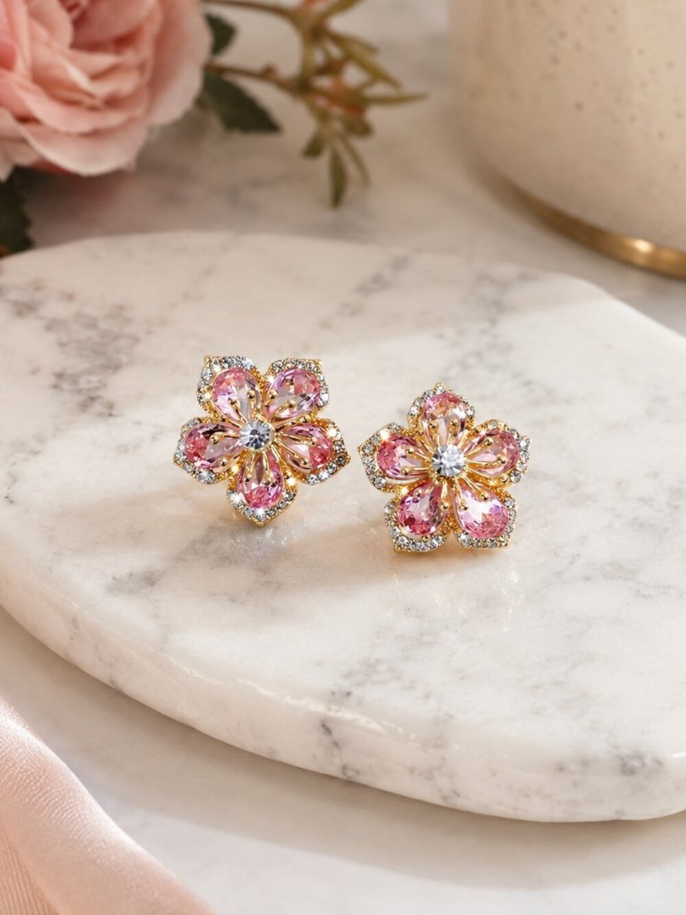 Pink Crystal Flower Stud Earrings Gold Plated Floral Sparkle NWT